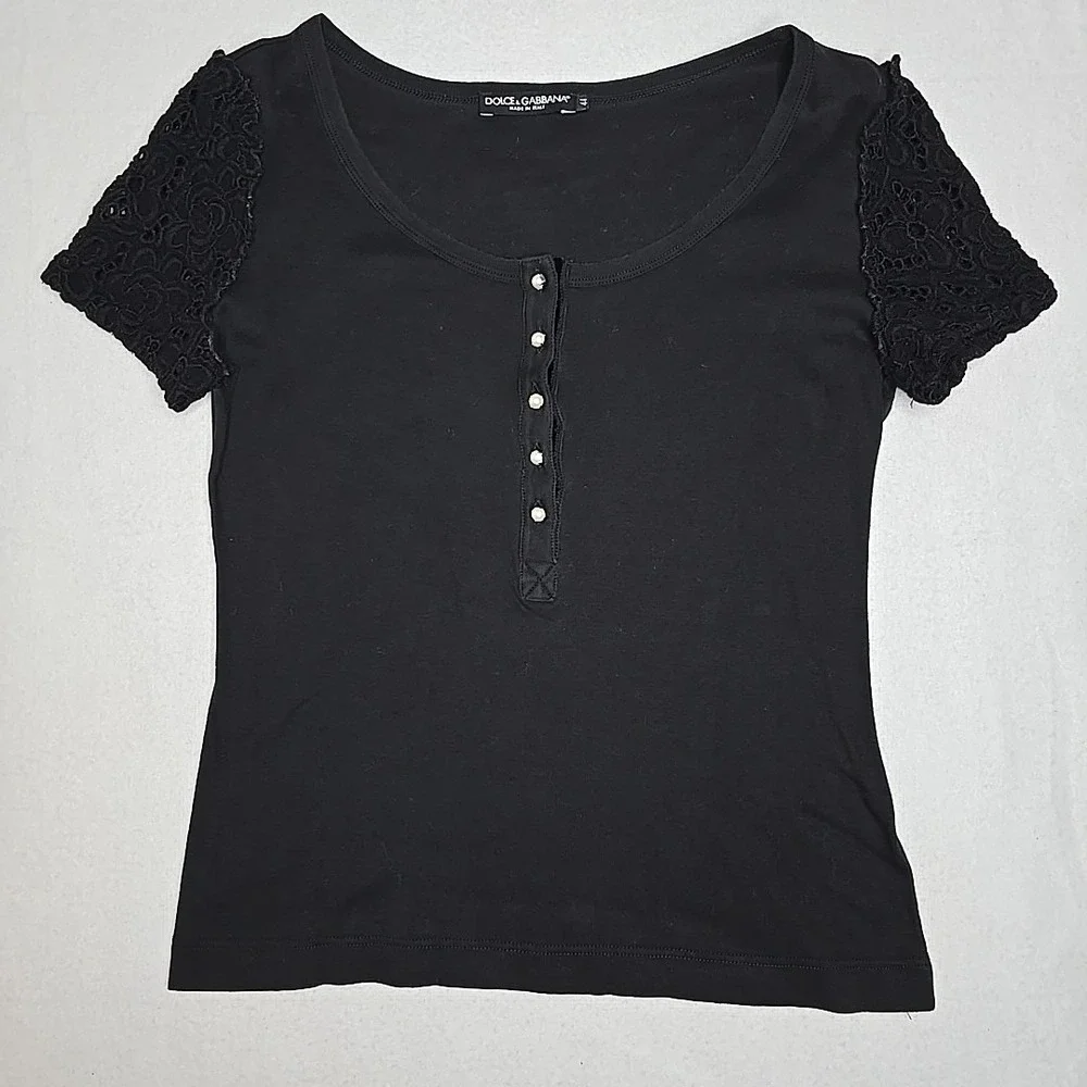 Dolce & Gabbana Women Black Shirt Size 44 Pearl Button Closure Lace Sleeve US 8